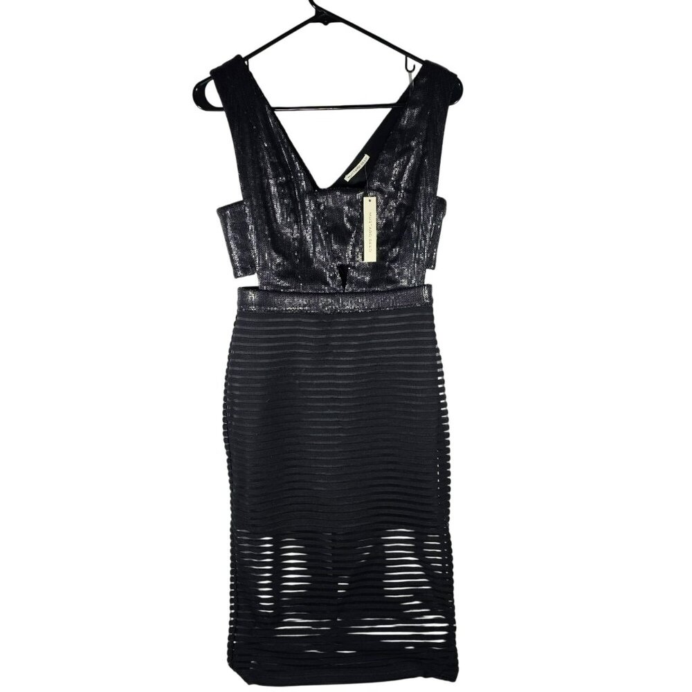 Mustard Seed NWT Cut Out Sequin Sheer Panel Midi Dress Women's Size M Black - Picture 2 of 16